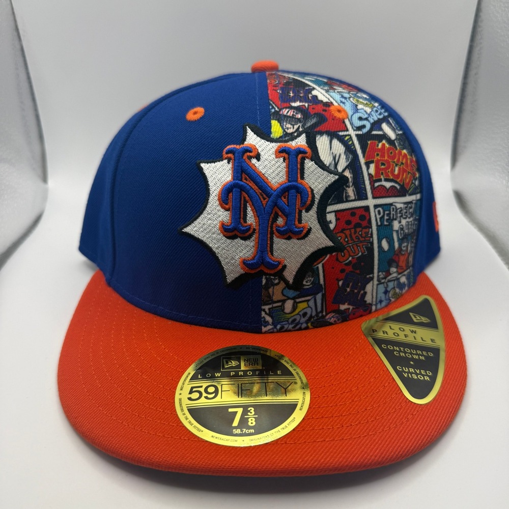 New Era New York Mets 59FIFTY Low Profile Comic Book Hat 7 3/8 Blue Orange NEW